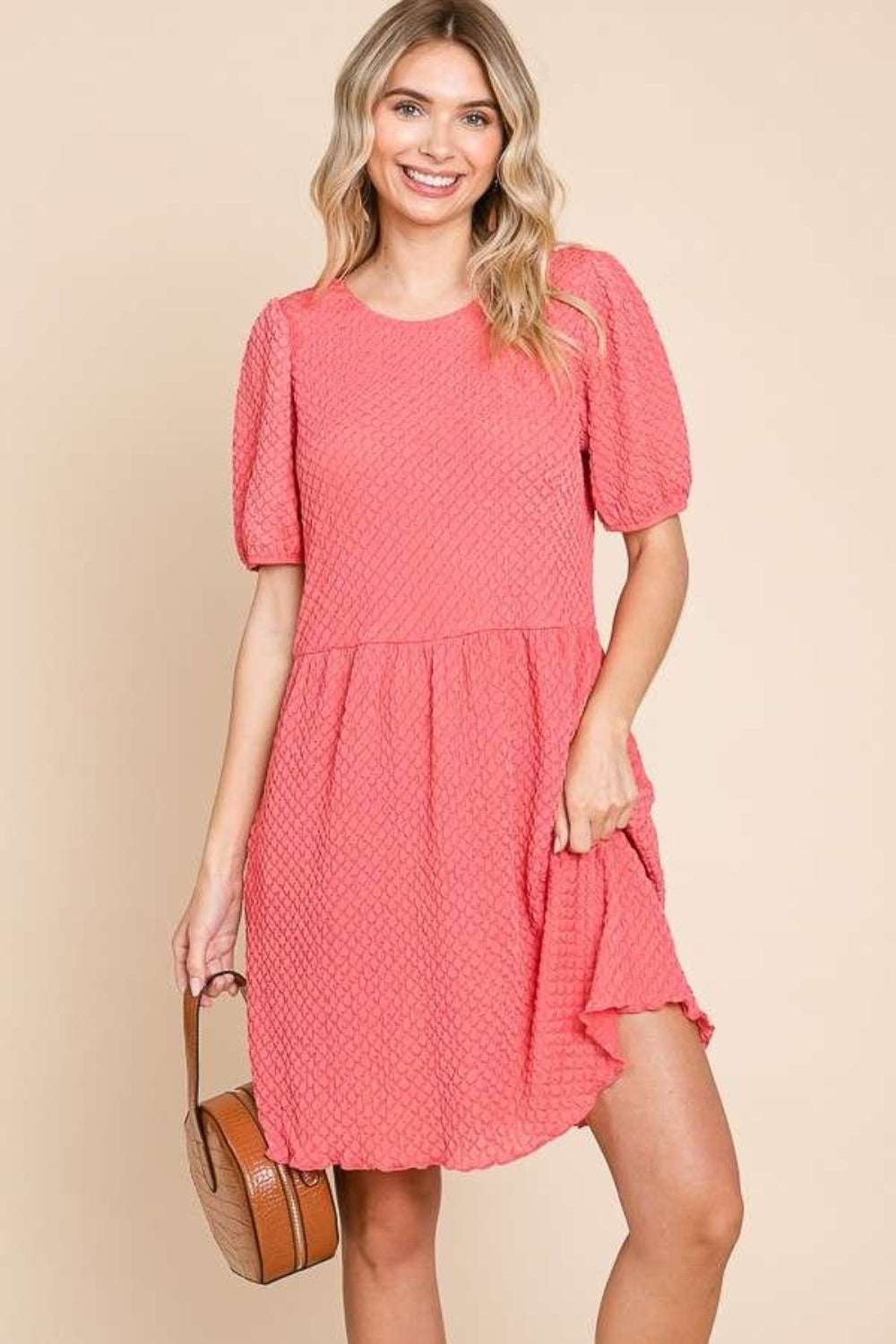 Culture Code Full Size Textured Round Neck Puff Sleeve Dress-Angel Casuals