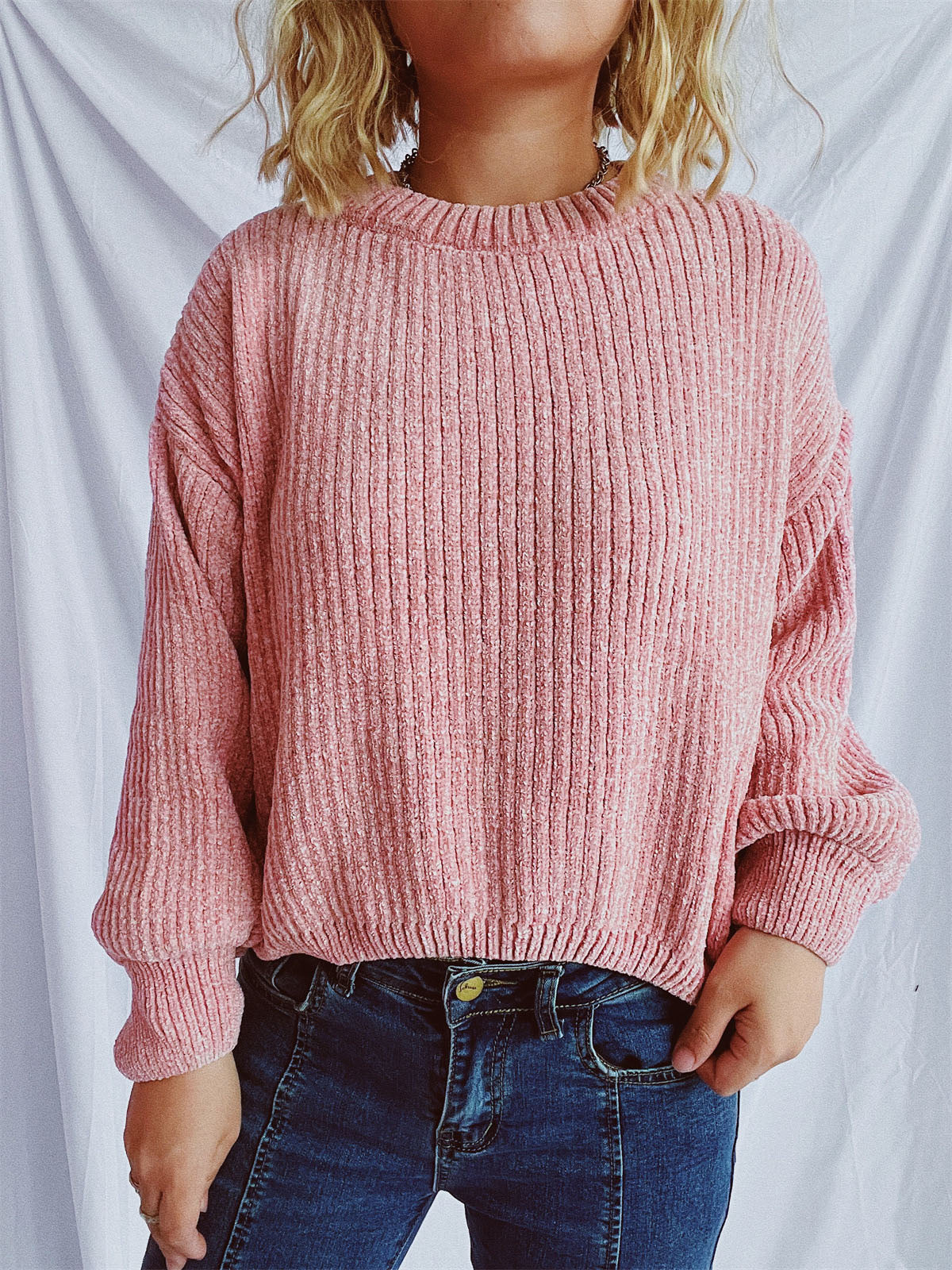 Round Neck Dropped Shoulder Long Sleeve Sweater-Angel Casuals