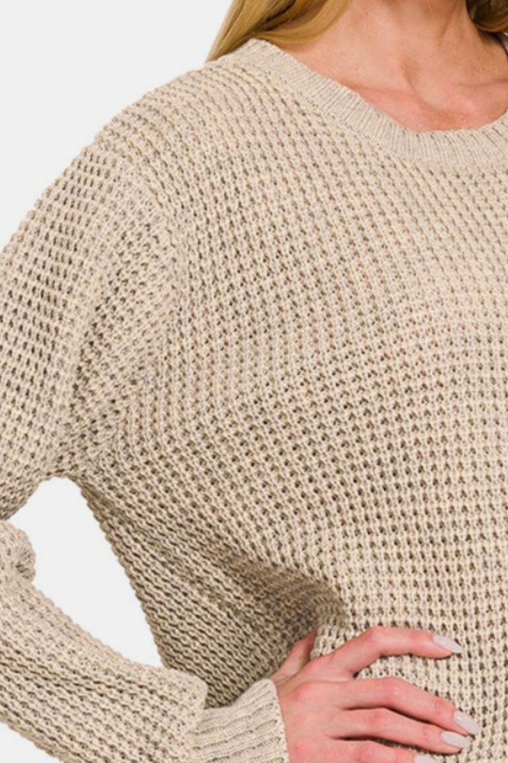 Zenana High Low Long Sleeve Waffle Sweater-Angel Casuals