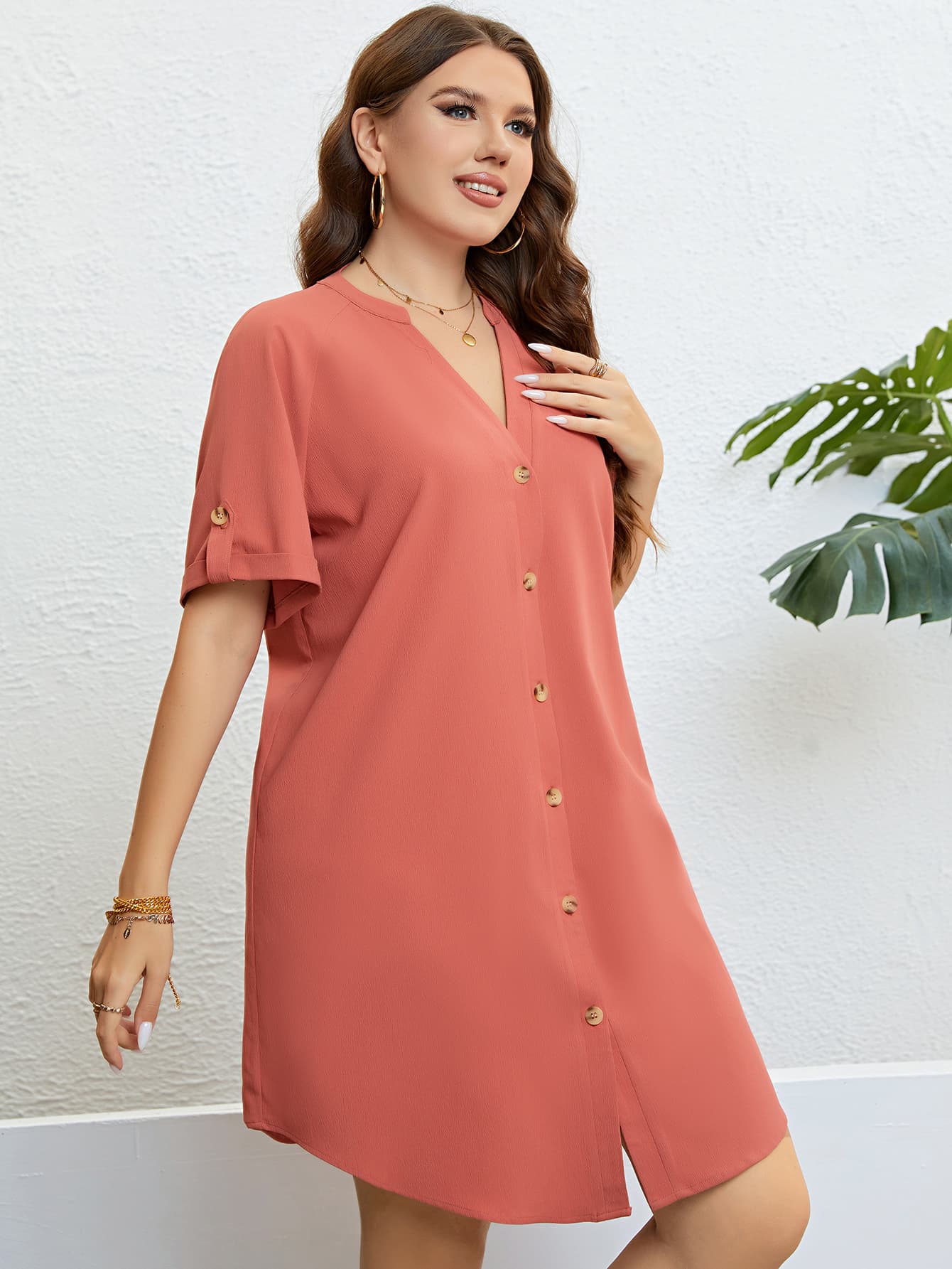 Plus Size Buttoned Notched Neck Shift Dress-Angel Casuals