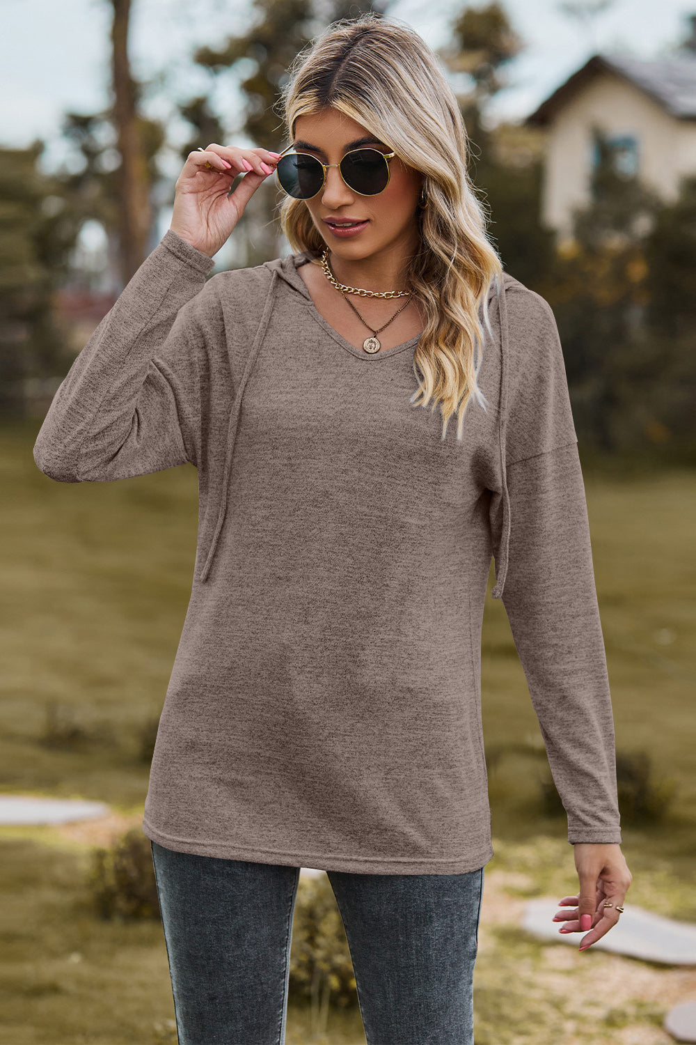 Drawstring Dropped Shoulder Hooded T-Shirt-Angel Casuals