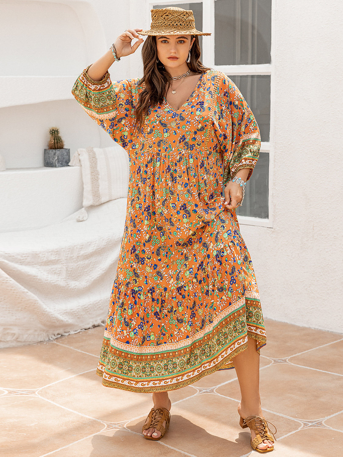 Plus Size Floral V-Neck Balloon Sleeve Midi Dress-Angel Casuals