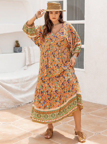 Plus Size Floral V-Neck Balloon Sleeve Midi Dress-Angel Casuals