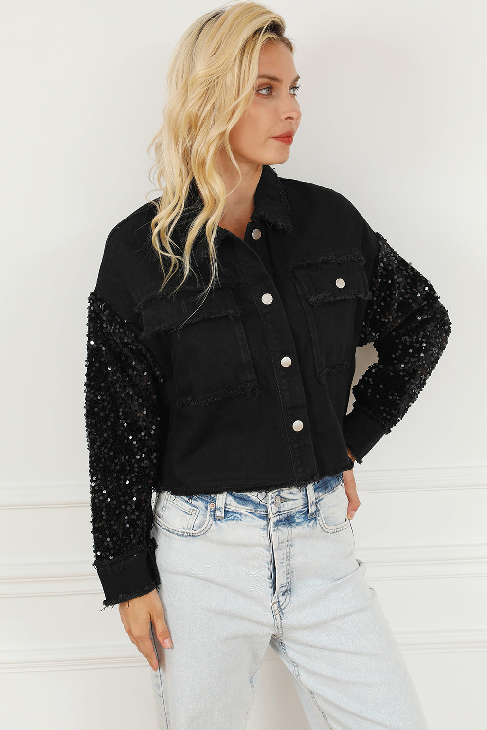 Sequin Button Up Raw Hem Denim Jacket-Angel Casuals