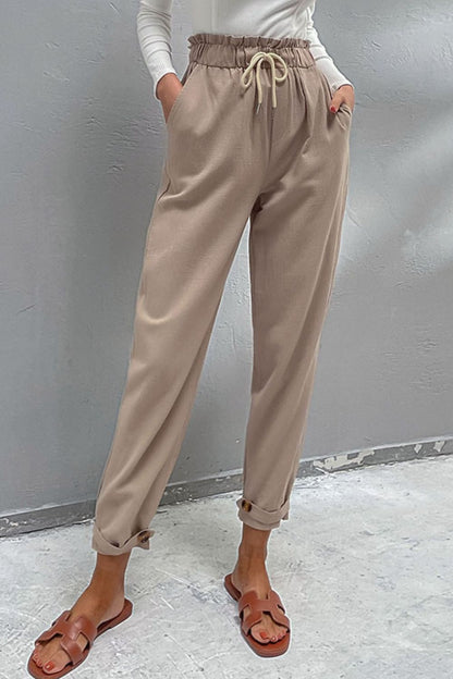 Drawstring Paperbag Waist Button Detail Pants-Angel Casuals