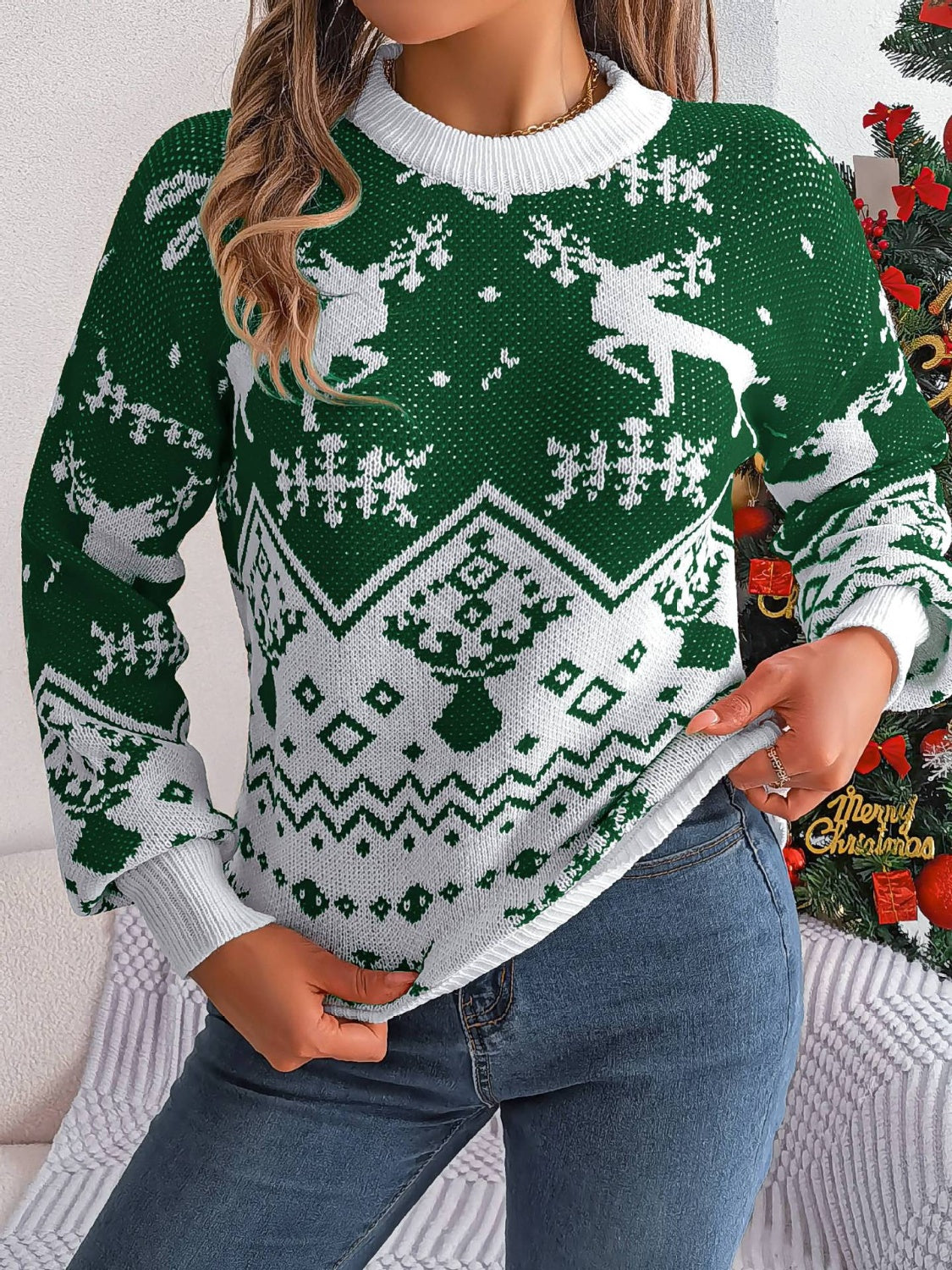 Christmas Element Round Neck Long Sleeve Sweater-Angel Casuals