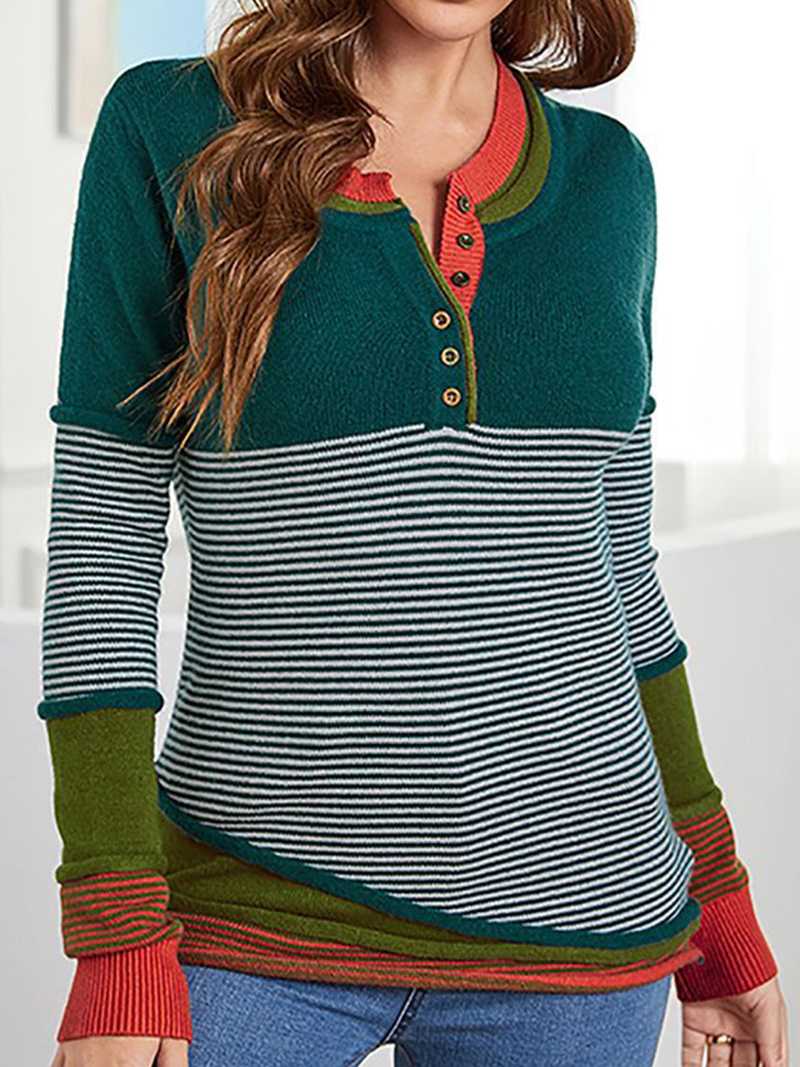 Striped Contrast Notched Long Sleeve Sweater-Angel Casuals