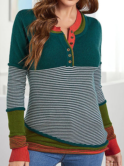 Striped Contrast Notched Long Sleeve Sweater-Angel Casuals