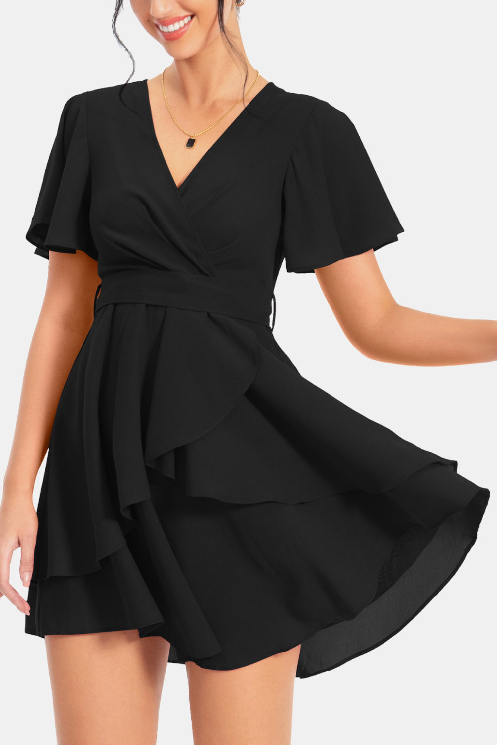 Surplice Neck Flutter Sleeve Dress-Angel Casuals