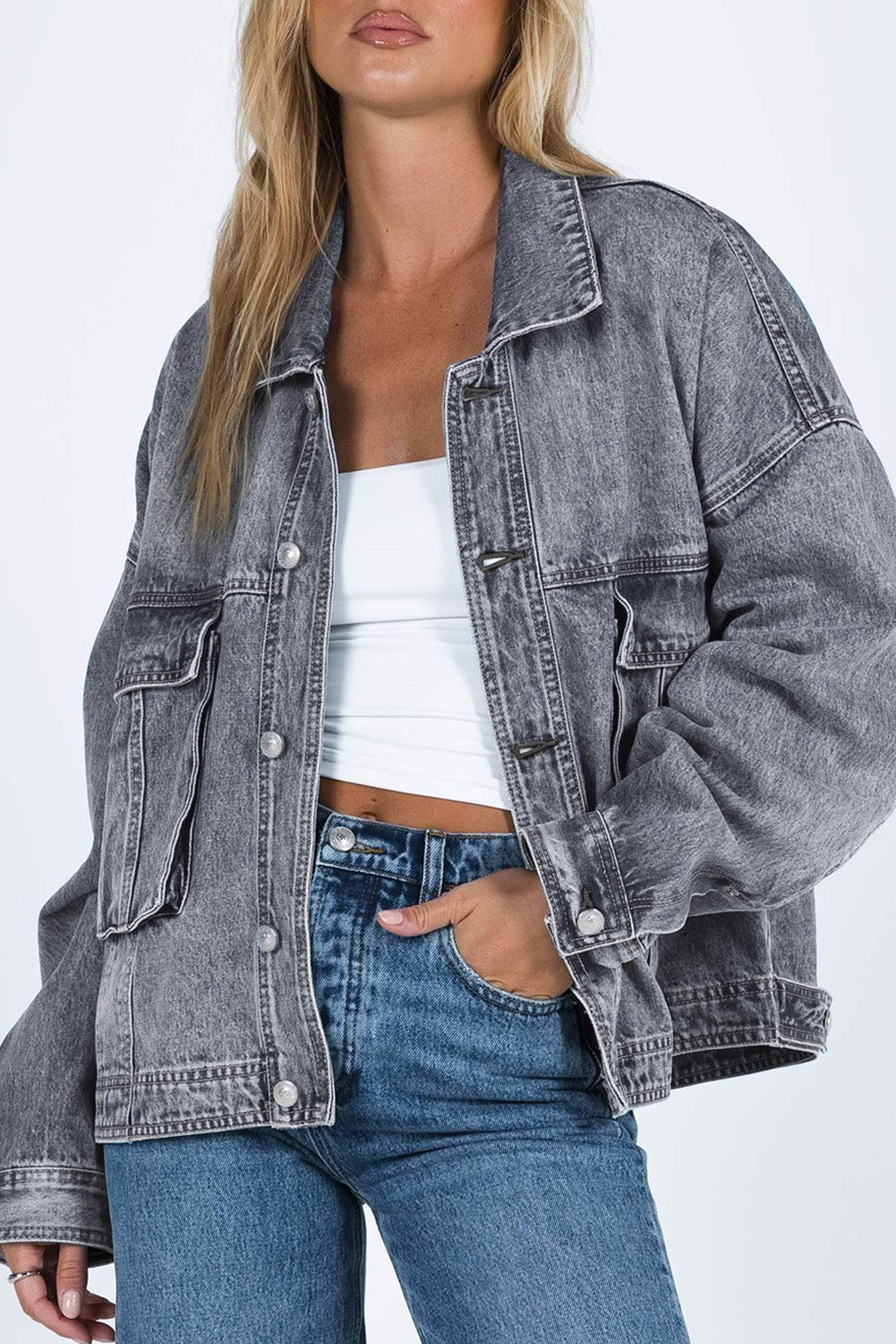 Collared Neck Button Up Denim Jacket-Angel Casuals