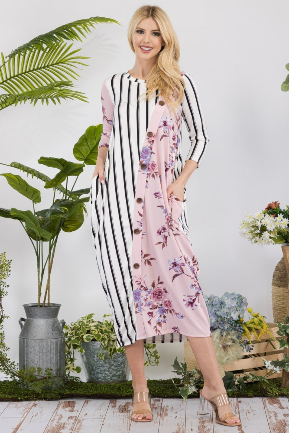 Celeste Full Size Floral Striped Contrast Midi-Dress with Pockets-Angel Casuals