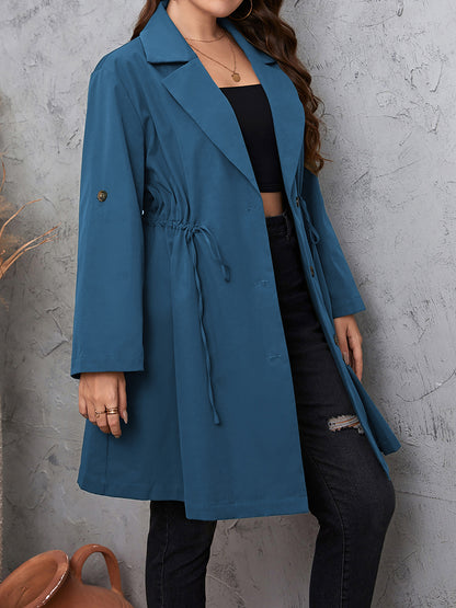 Honey Plus Size Lapel Collar Drawstring Roll-Tab Sleeve Trench Coat-Angel Casuals