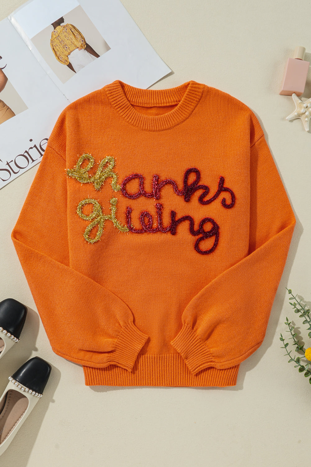 THANKSGIVING Round Neck Dropped Shoulder Sweater-Angel Casuals