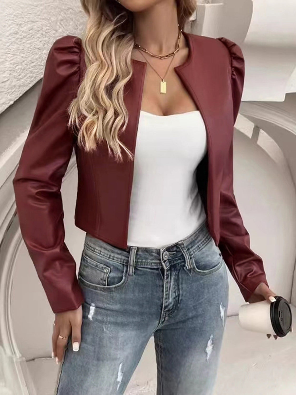 PU Leather Open Front Puff Sleeve Jacket-Angel Casuals