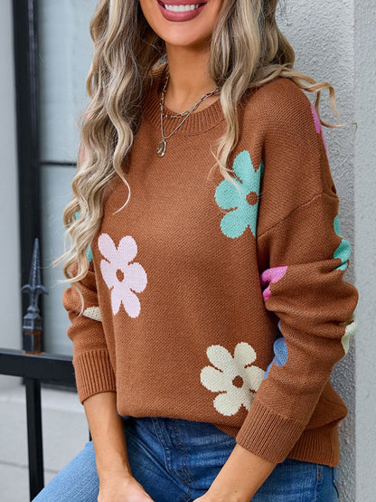 Angel Wings Flower Round Neck Long Sleeve Sweater-Angel Casuals