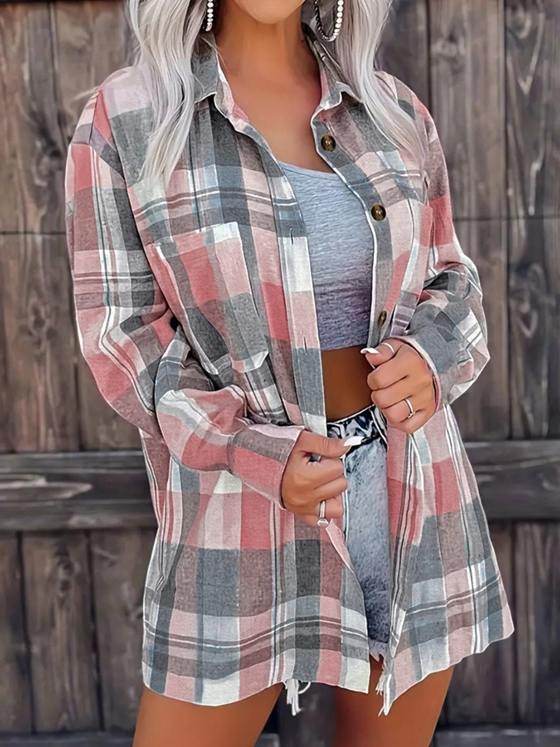 Pocketed Plaid Collared Neck Shacket-Angel Casuals