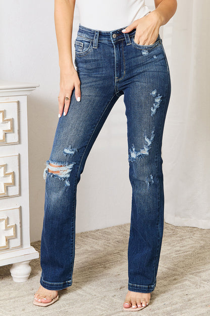 Judy Blue Full Size Mid Rise Hand Sand & Destroy Bootcut Jeans-Angel Casuals