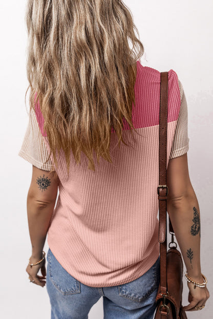Color Block Round Neck Short Sleeve T-Shirt-Angel Casuals