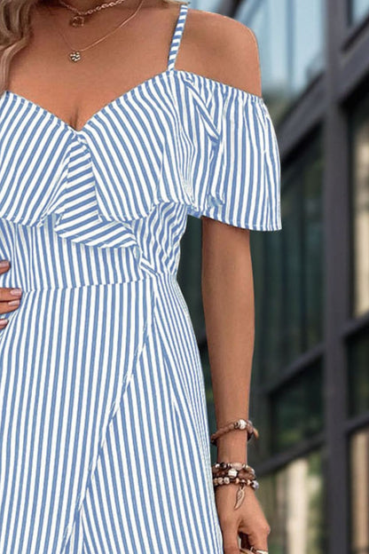 Ruffled Striped Short Sleeve Jumpsuit-Angel Casuals