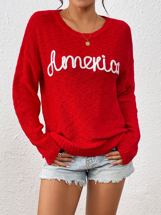 Letter Round Neck Long Sleeve Sweater-Angel Casuals