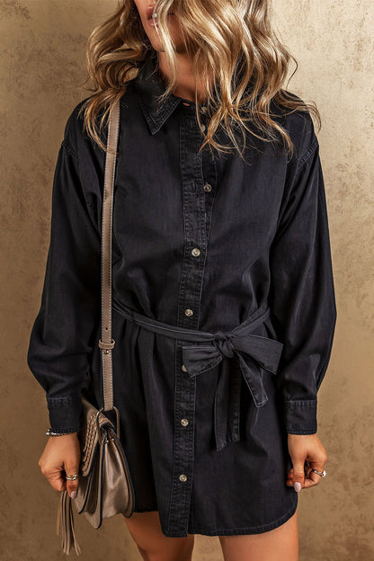 Button Up Collared Neck Denim Dress-Angel Casuals