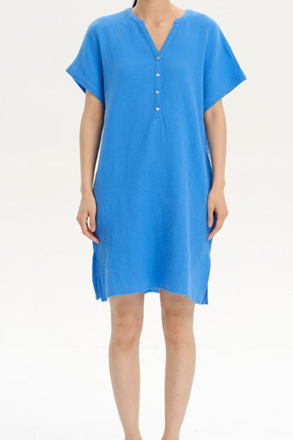 Slit Notched Short Sleeve Mini Dress-Angel Casuals