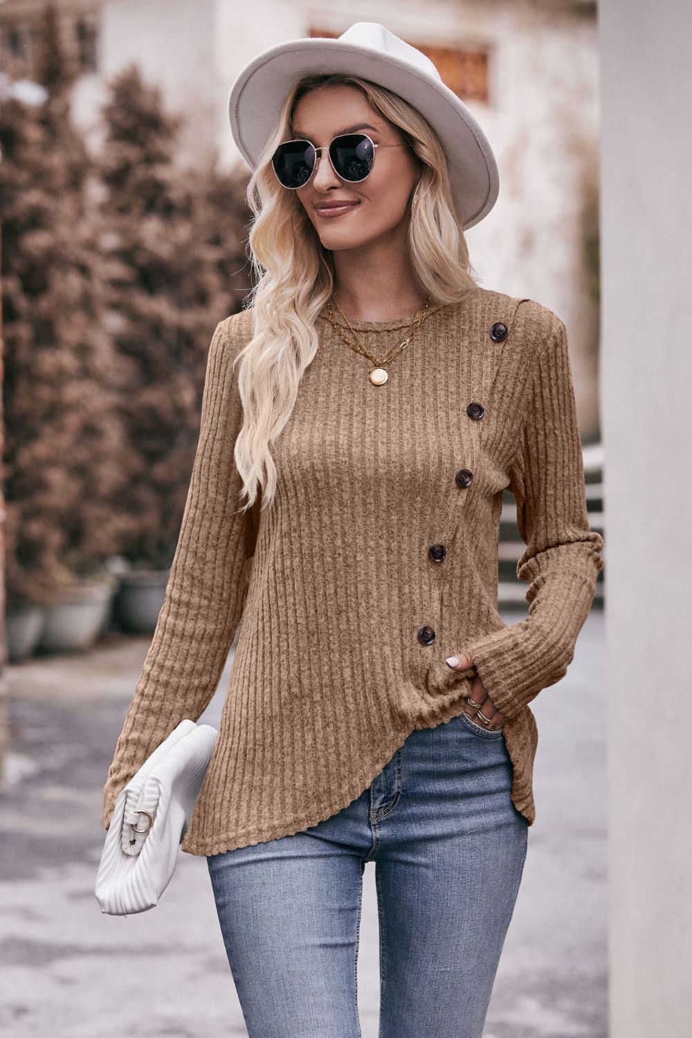 Ribbed Round Neck Buttoned Long Sleeve Tee-Angel Casuals