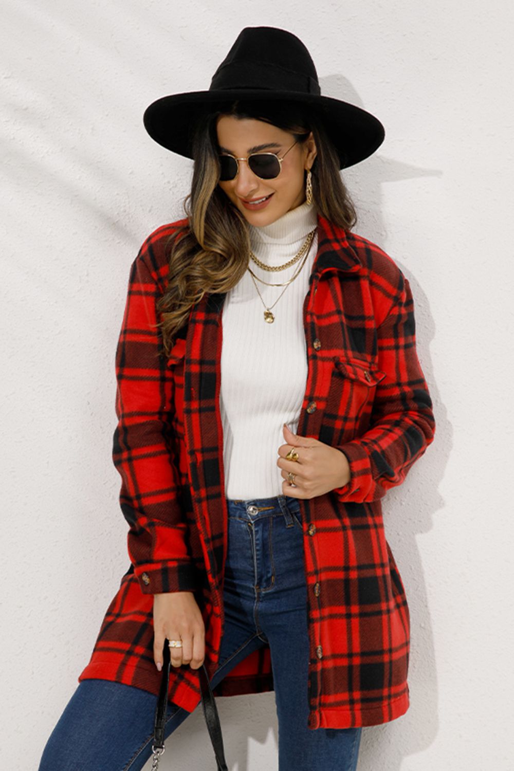 Shiny Plaid Collared Longline Coat-Angel Casuals