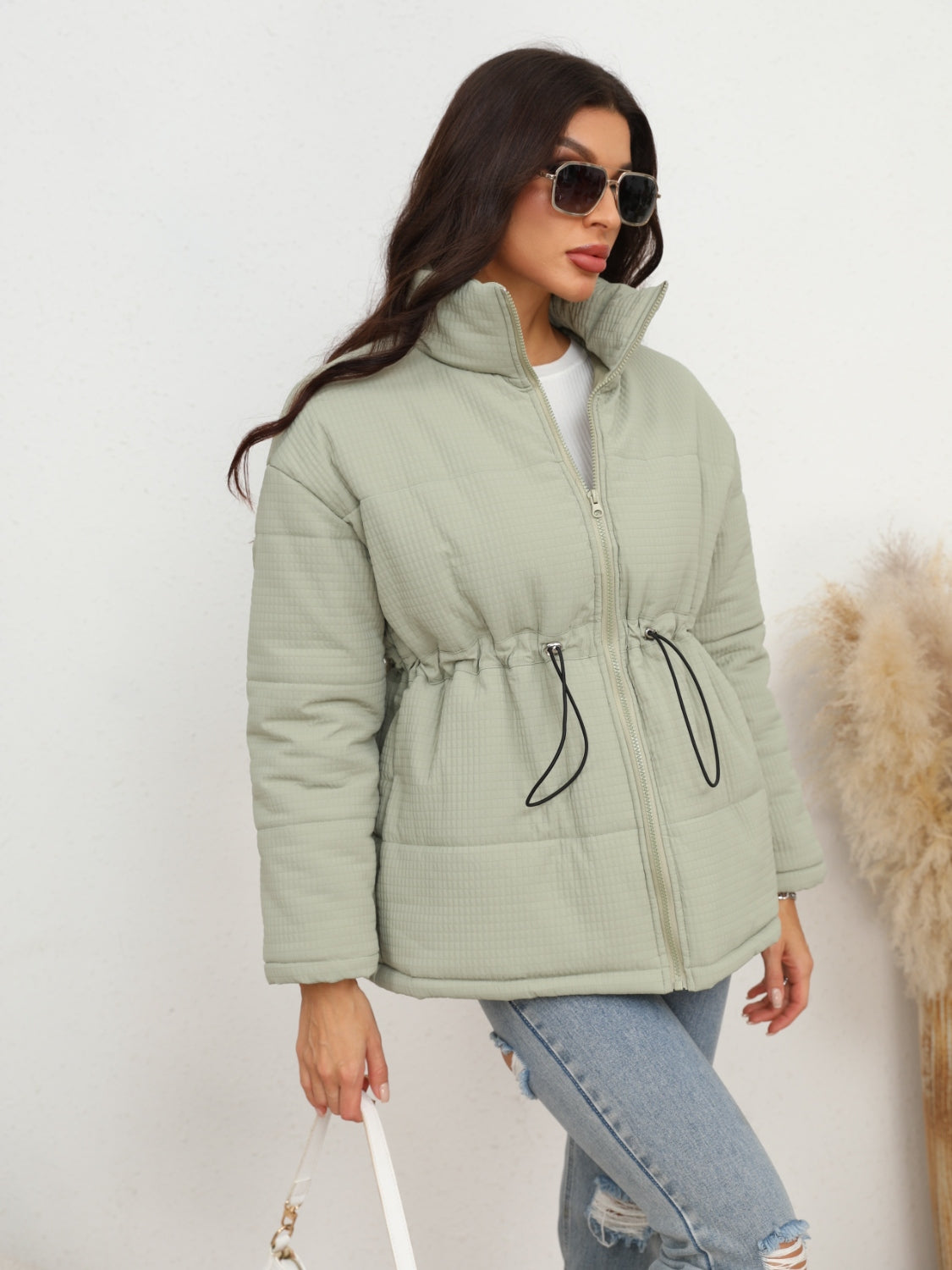 Drawstring Waist Zip-Up Puffer Jacket-Angel Casuals