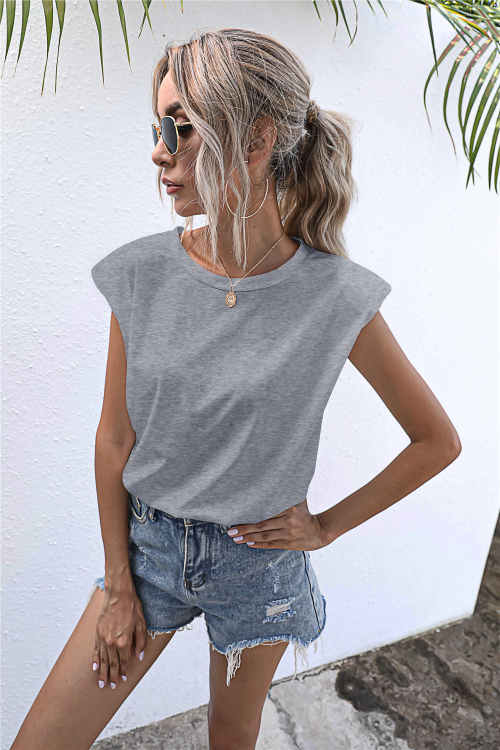 Round Neck Cap Sleeve Tee-Angel Casuals