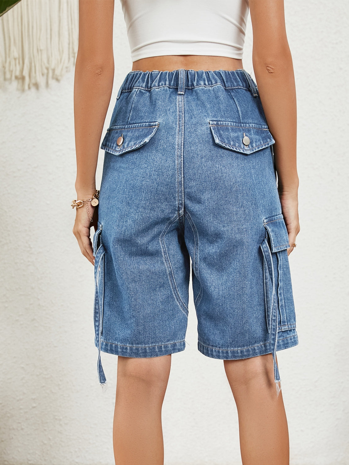 Buttoned Elastic Waist Denim Shorts with Pockets-Angel Casuals