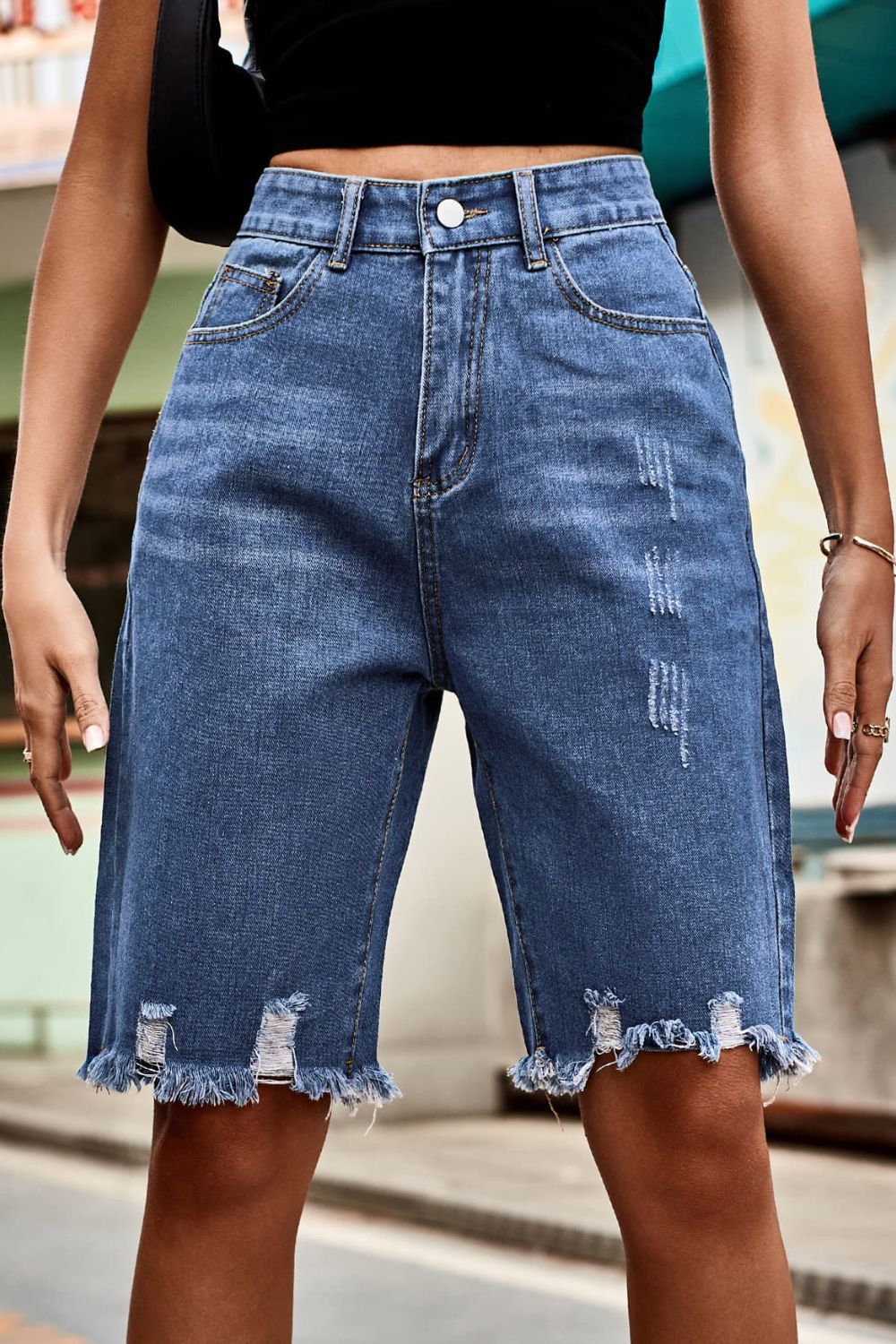 Raw Hem High Waist Denim Shorts with Pockets-Angel Casuals