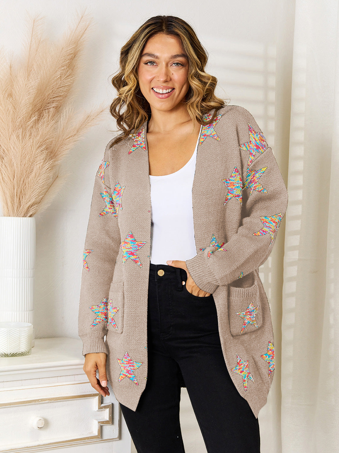 Angel Wings Star Pattern Open Front Cardigan with Pockets-Angel Casuals