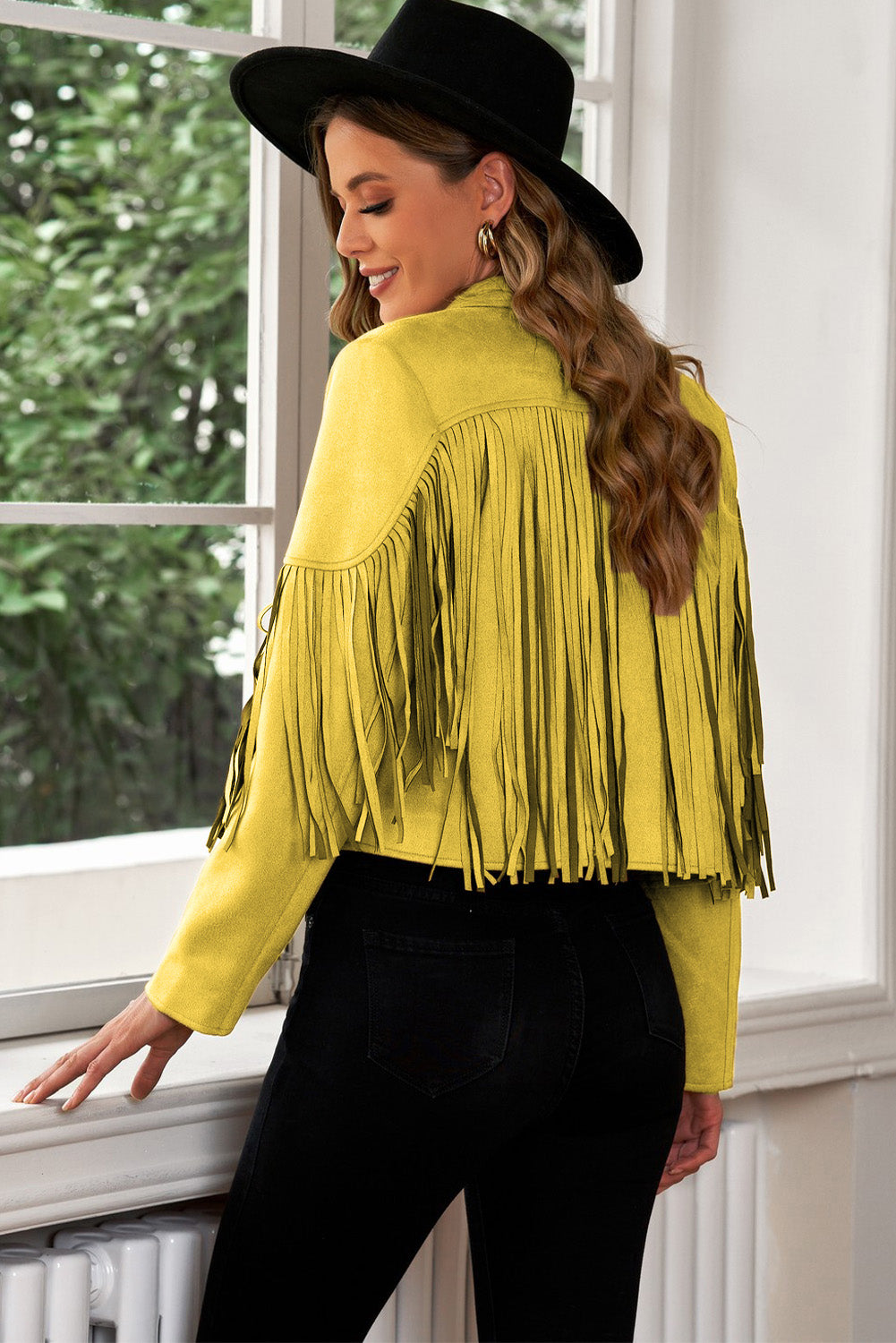 Fringe Trim Lapel Collar Cropped Blazer-Angel Casuals