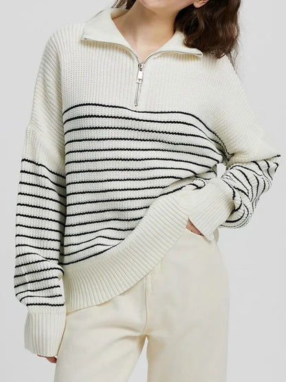 Striped Half Zip Long Sleeve Sweater-Angel Casuals