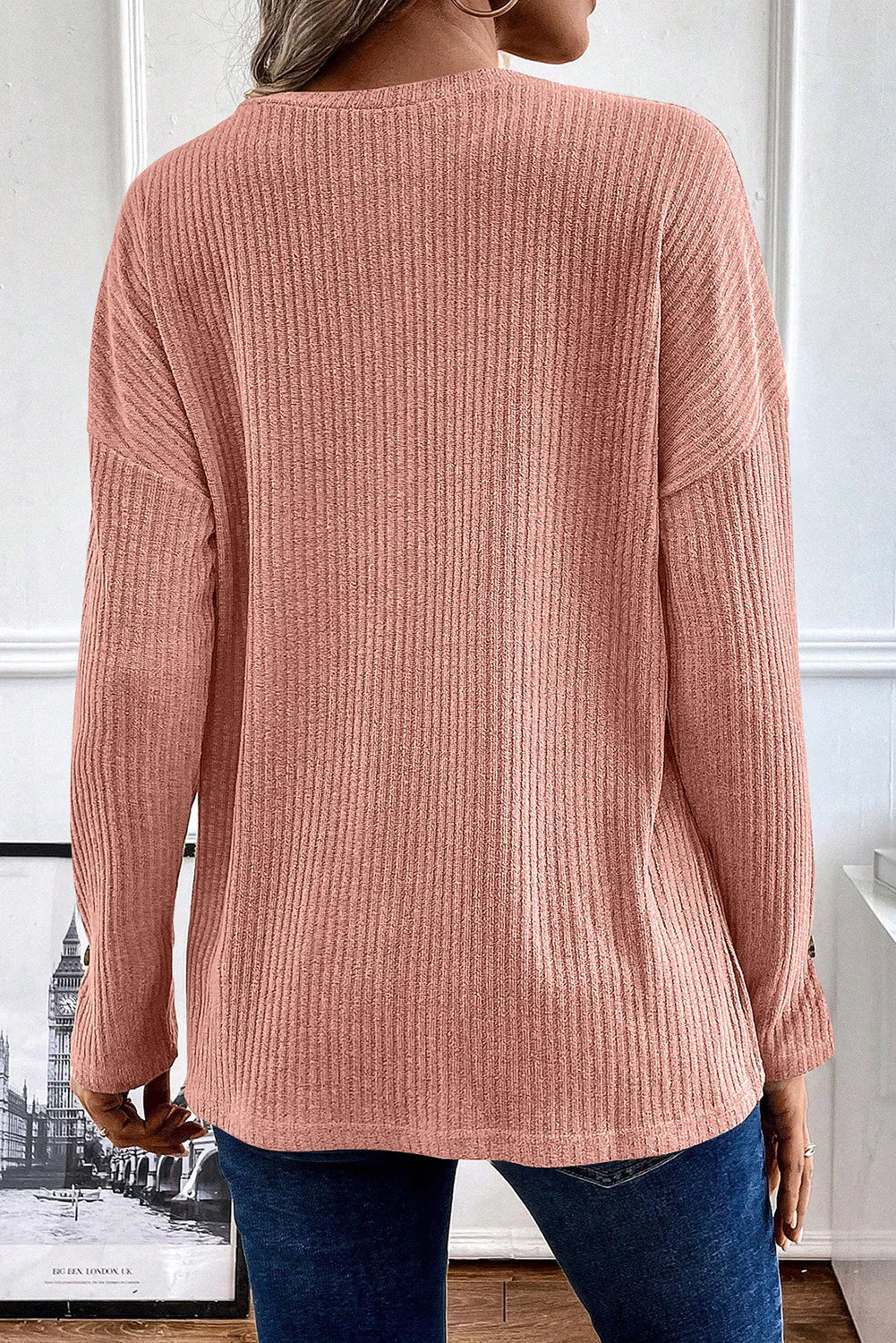 Ribbed Half Button Long Sleeve Knit Top-Angel Casuals