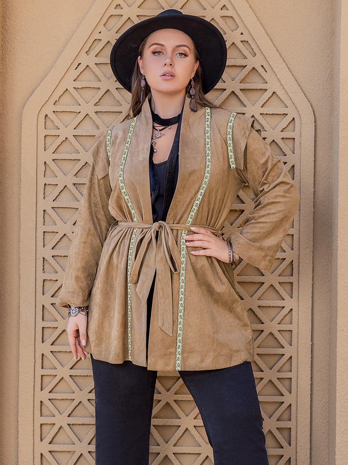 Plus Size Long Sleeve Tie Waist Cardigan-Angel Casuals