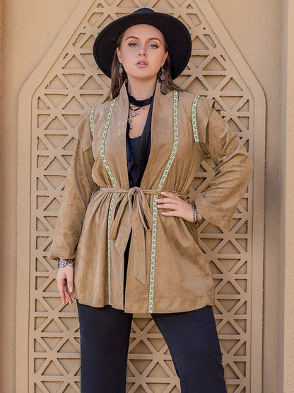 Plus Size Long Sleeve Tie Waist Cardigan-Angel Casuals