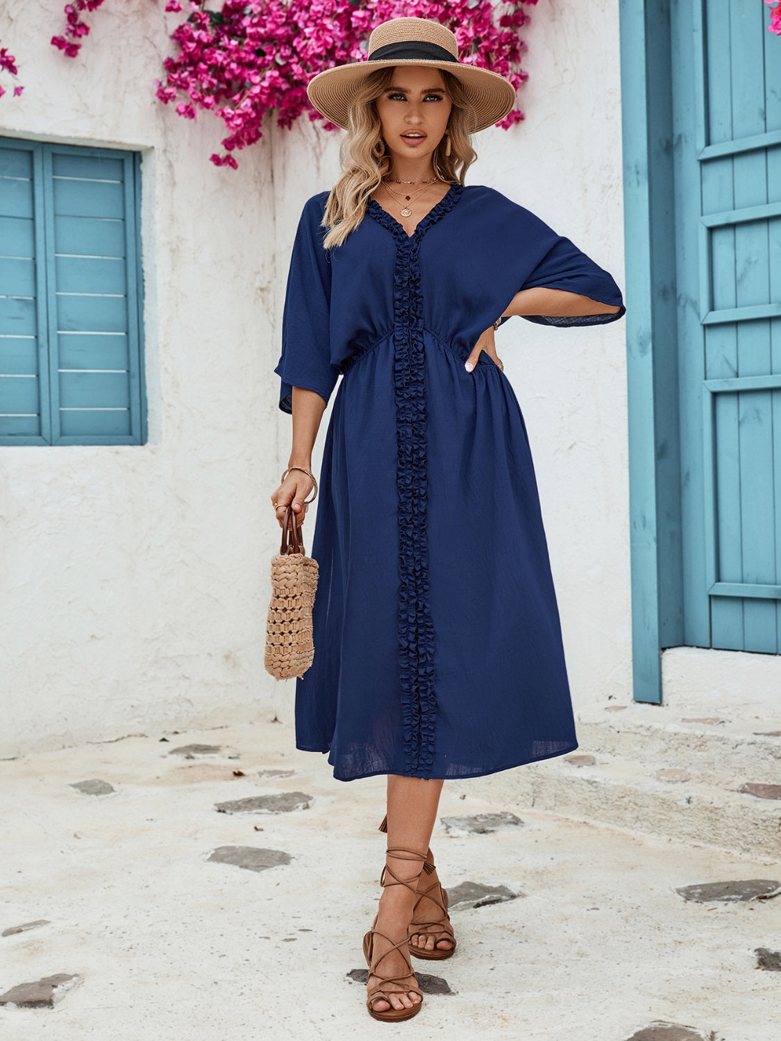 Frill Slit V-Neck Three-Quarter Sleeve Dress-Angel Casuals