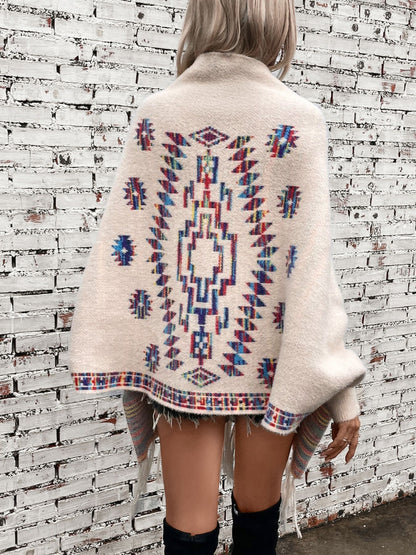 Fringe Geometric Open Front Long Sleeve Cape-Angel Casuals