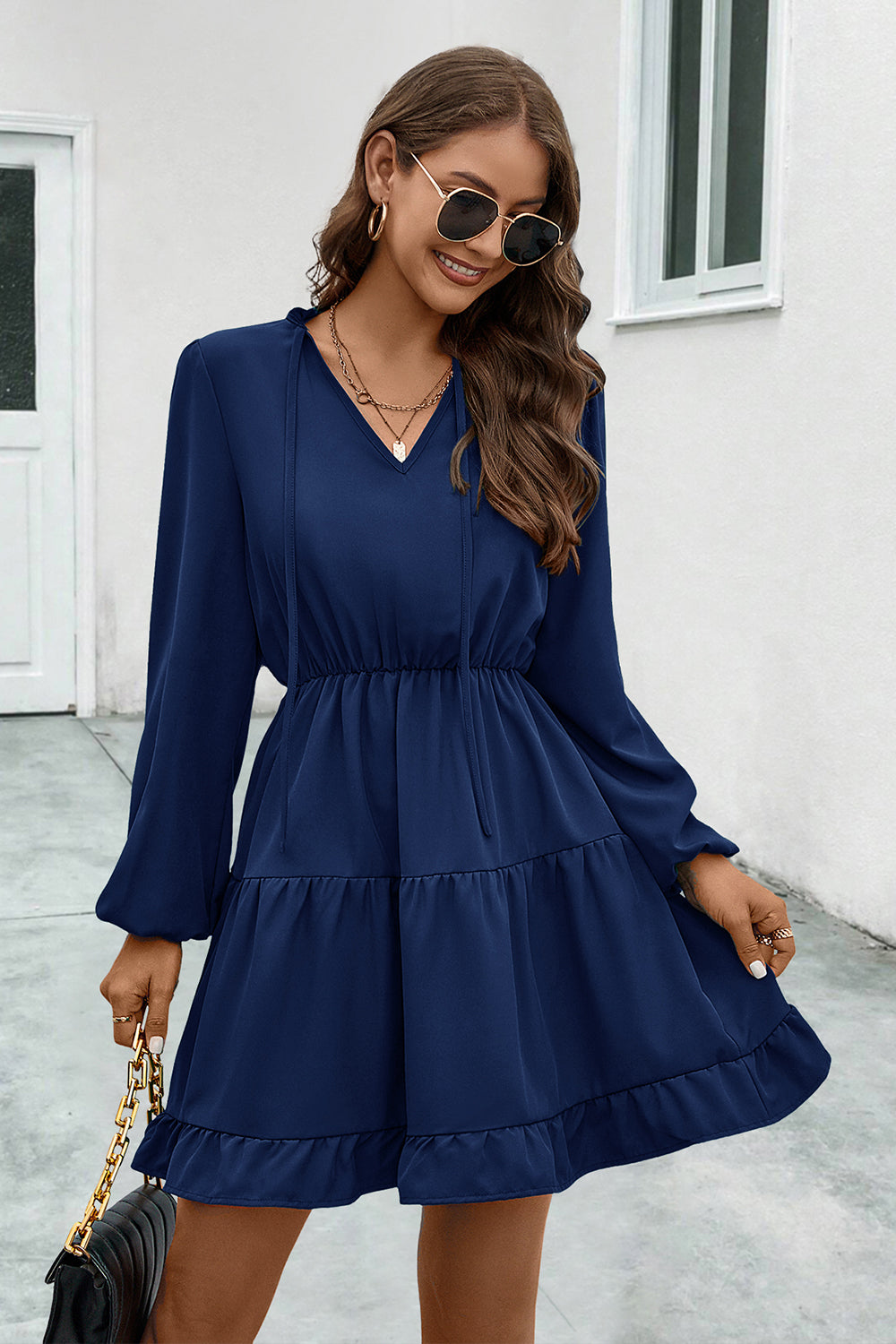 V-Neck Tie Neck Long Sleeve Dress-Angel Casuals