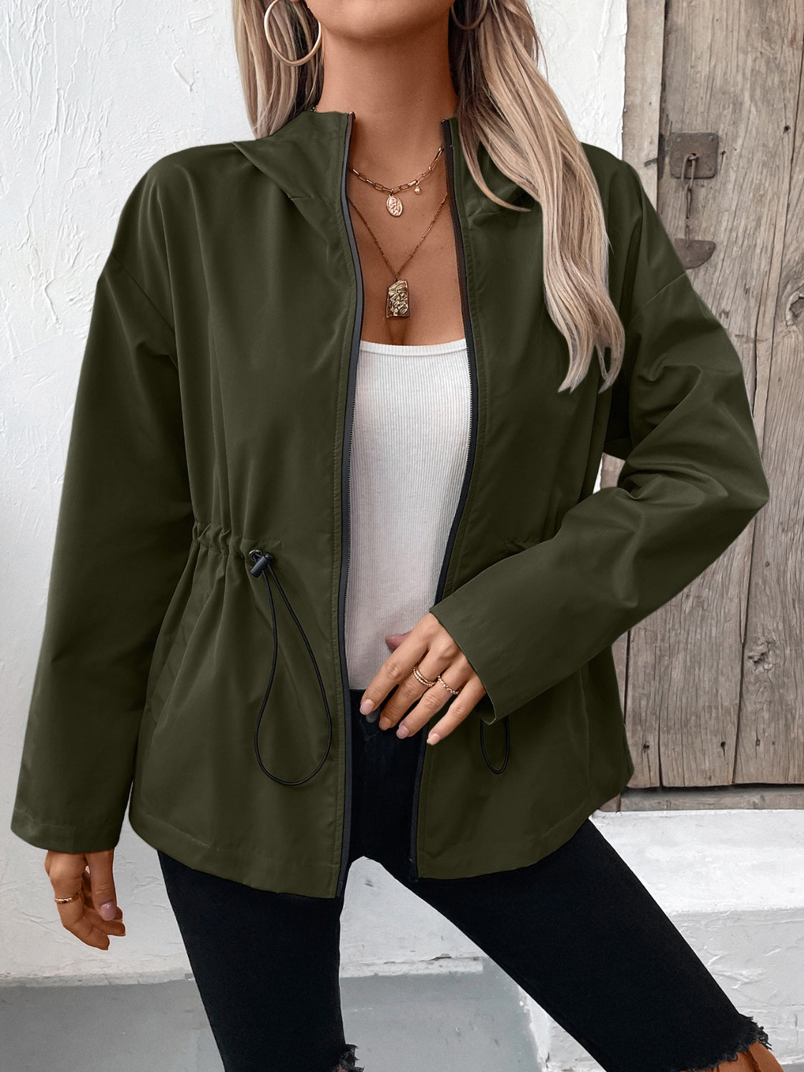 Ivy Lane Drawstring Zip Up Hooded Jacket-Angel Casuals