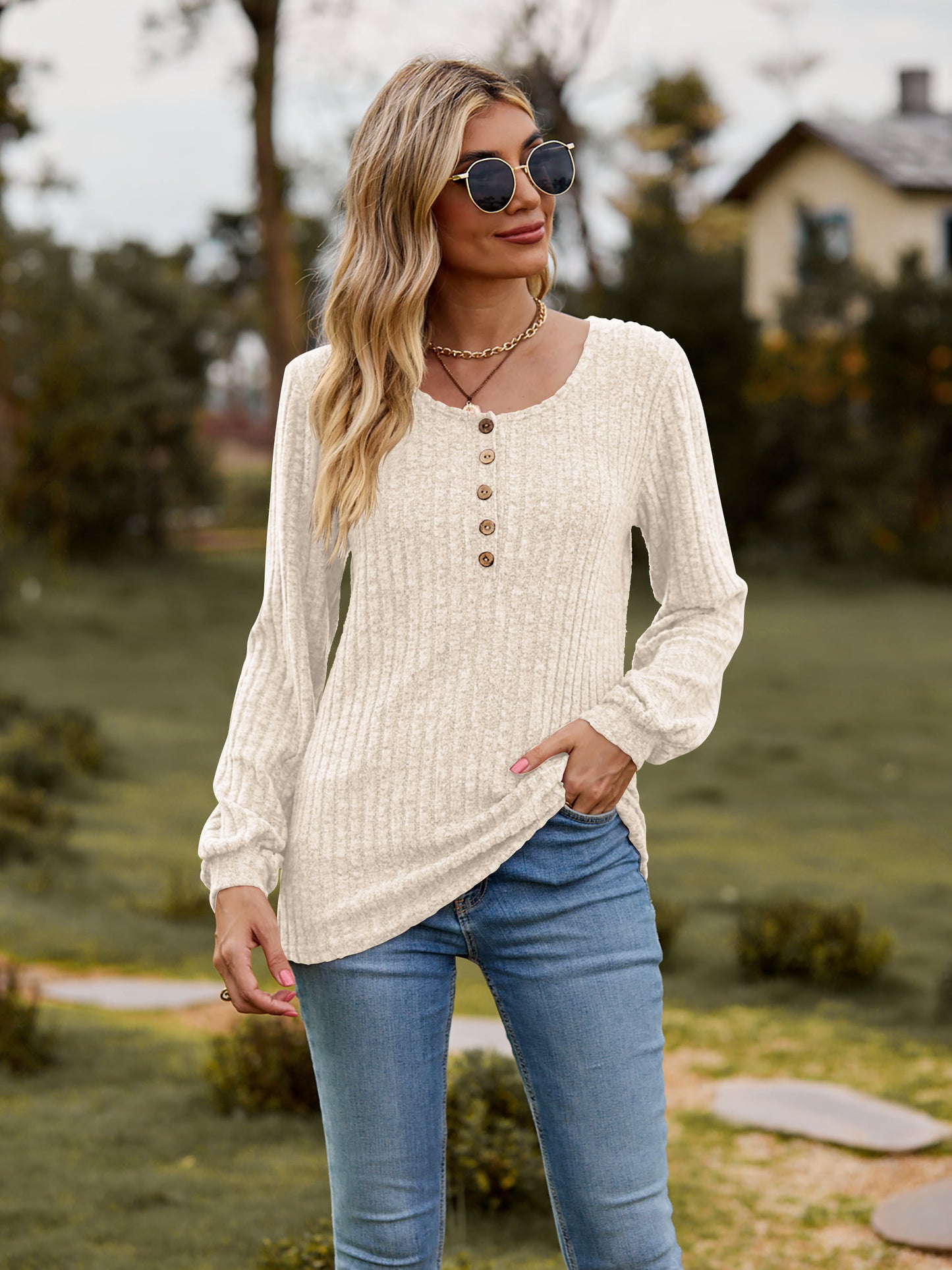 Round Neck Button-Down Long Sleeve Tee-Angel Casuals