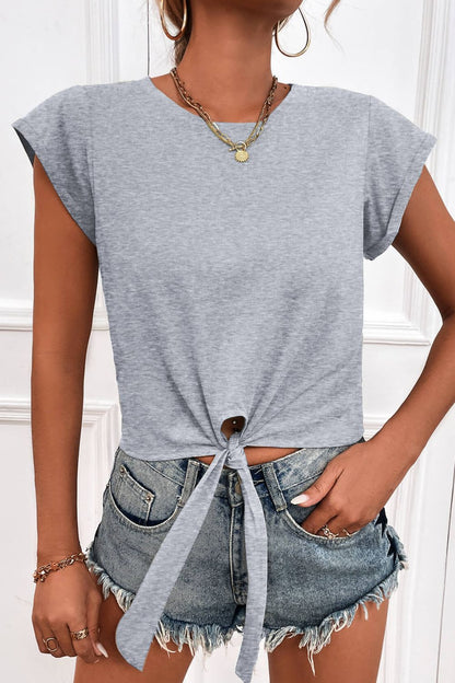 Tied Round Neck Crop Tee-Angel Casuals