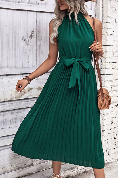 Tie Belt Pleated Midi Dress-Angel Casuals