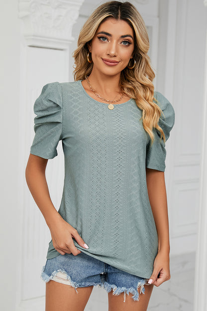 Eyelet Round Neck Puff Sleeve T-Shirt-Angel Casuals
