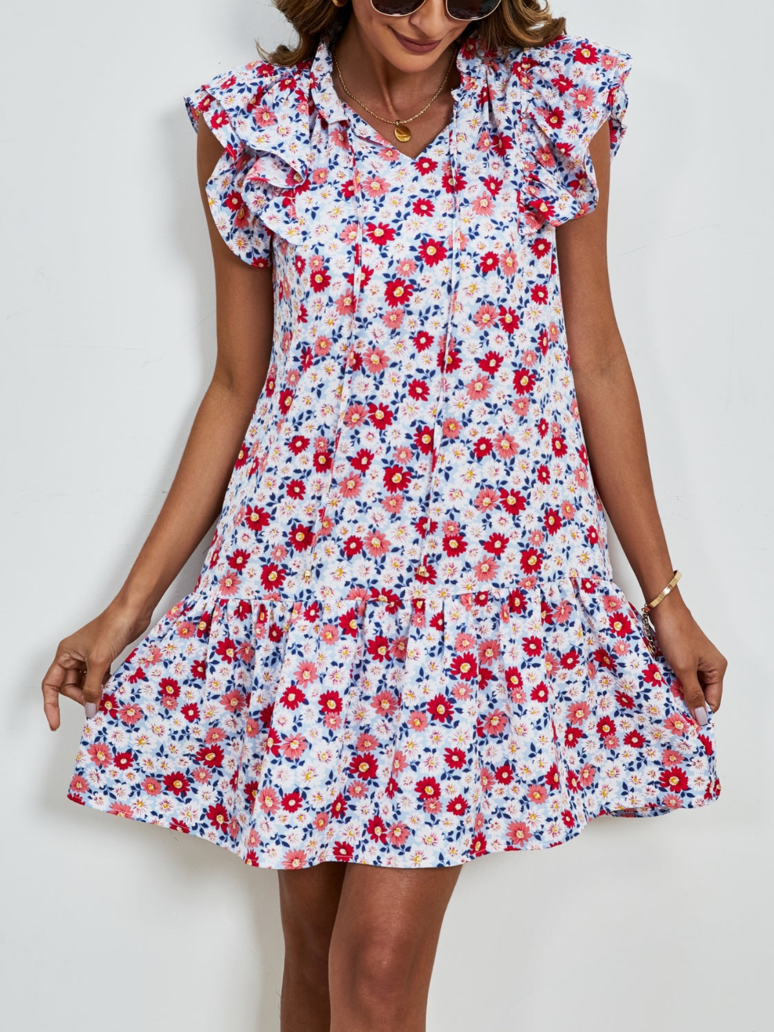 Tied Floral Cap Sleeve Mini Dress-Angel Casuals