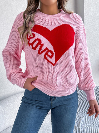 LOVE Heart Round Neck Dropped Shoulder Sweater-Angel Casuals