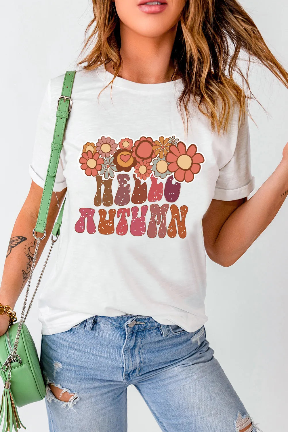 Flower & Letter Graphic Round Neck Short Sleeve T-Shirt-Angel Casuals