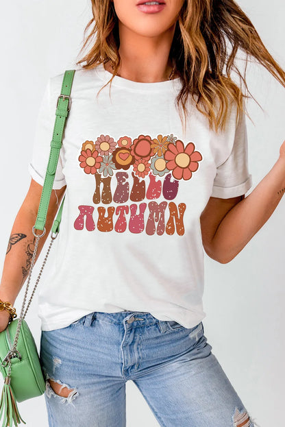 Flower & Letter Graphic Round Neck Short Sleeve T-Shirt-Angel Casuals